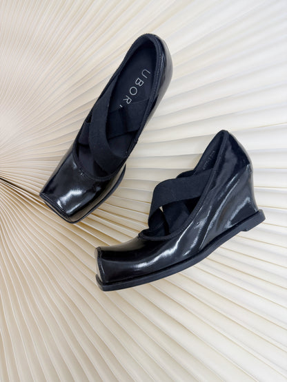 UBORYA Black Patent Square-Toe Wedge Pumps with Elastic Crisscross Straps – Architectural Heels for Women | Minimalist Avant-Garde Footwear | Sleek Power Wedges