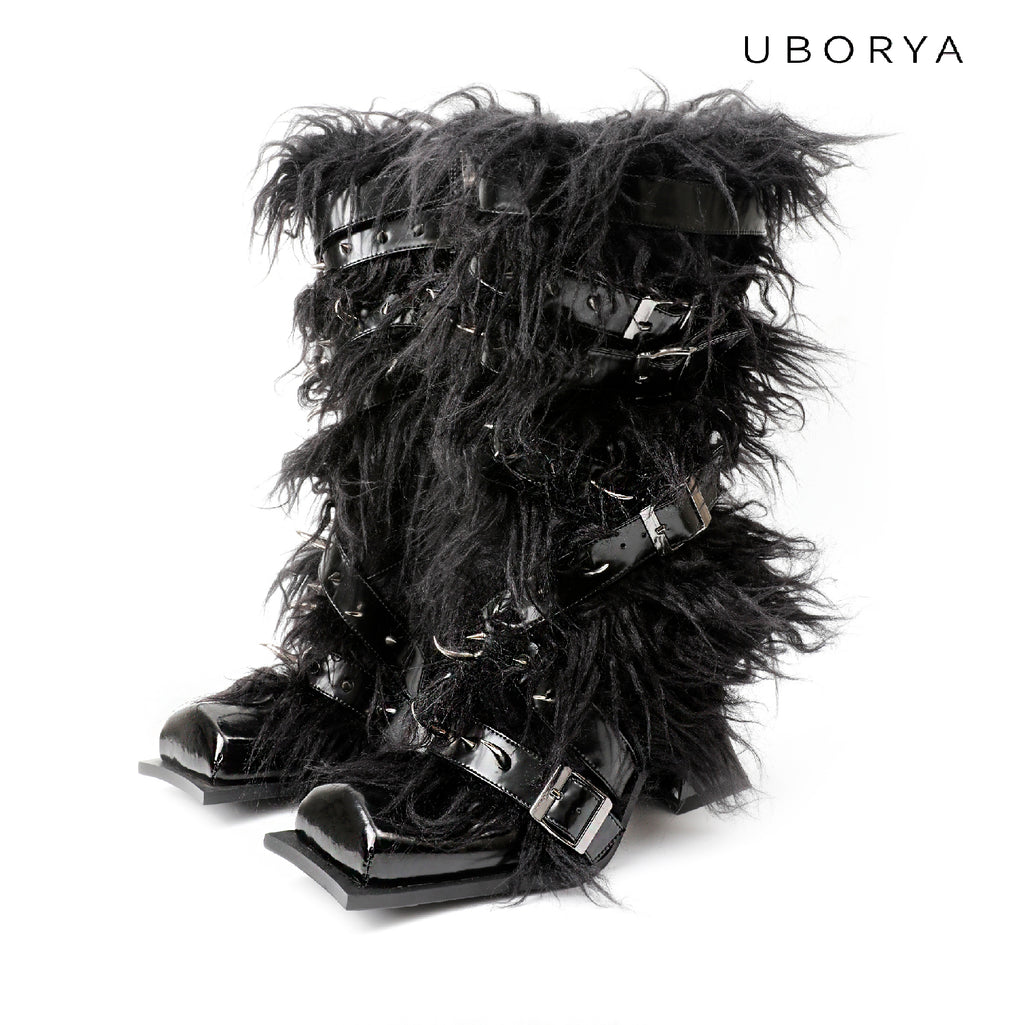 UBORYA Black Avant‑Garde Faux Fur Midi Boots Gothic 6cm Chunky Heel