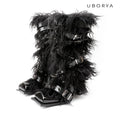 UBORYA Black Avant‑Garde Faux Fur Midi Boots Gothic 6cm Chunky Heel