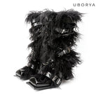 UBORYA Black Avant‑Garde Faux Fur Midi Boots Gothic 6cm Chunky Heel