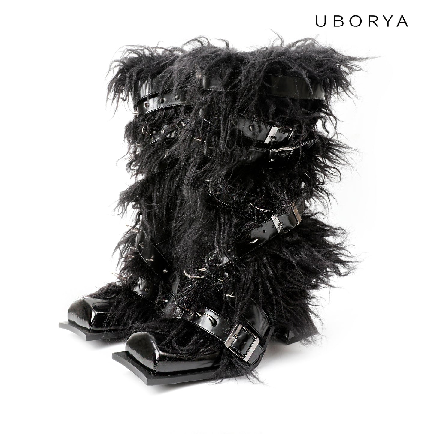 UBORYA Black Avant-Garde Fur & Strap Boots – Gothic Mongolian Faux Fur Midi Boots for Women | 6cm / 2.4in Chunky Heel | Patent Leather & Buckle Accents | Edgy Statement Footwear