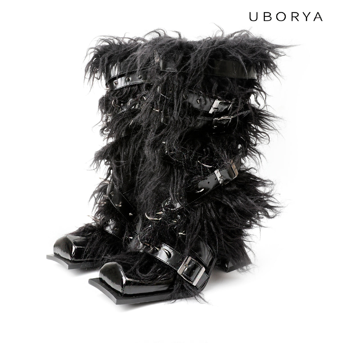 UBORYA Black Avant‑Garde Faux Fur Midi Boots Gothic 6cm Chunky Heel