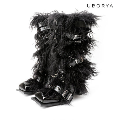 UBORYA Black Avant-Garde Fur & Strap Boots – Gothic Mongolian Faux Fur Midi Boots for Women | 6cm / 2.4in Chunky Heel | Patent Leather & Buckle Accents | Edgy Statement Footwear