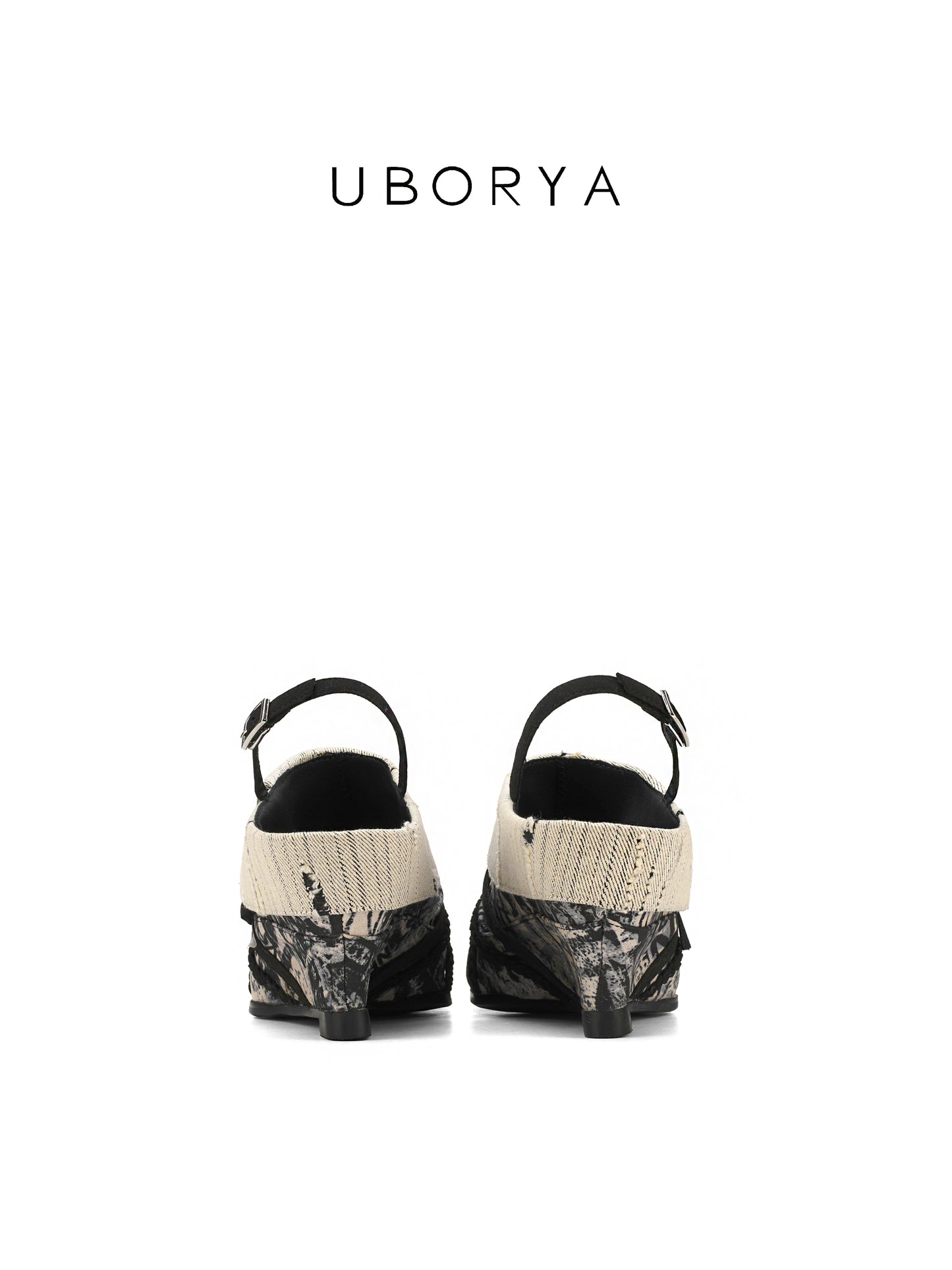 UBORYA Abstract Print Slingback Peep-Toe Shoes with Braided Straps & Silver Buckles – Low Wedge Heel Pumps for Women | Avant-Garde Cuff Sandals | Artistic Utility Footwear