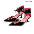 UBORYA Black Patent Leather Heart Cut Out Kitten Heels Pointed Toe Pumps