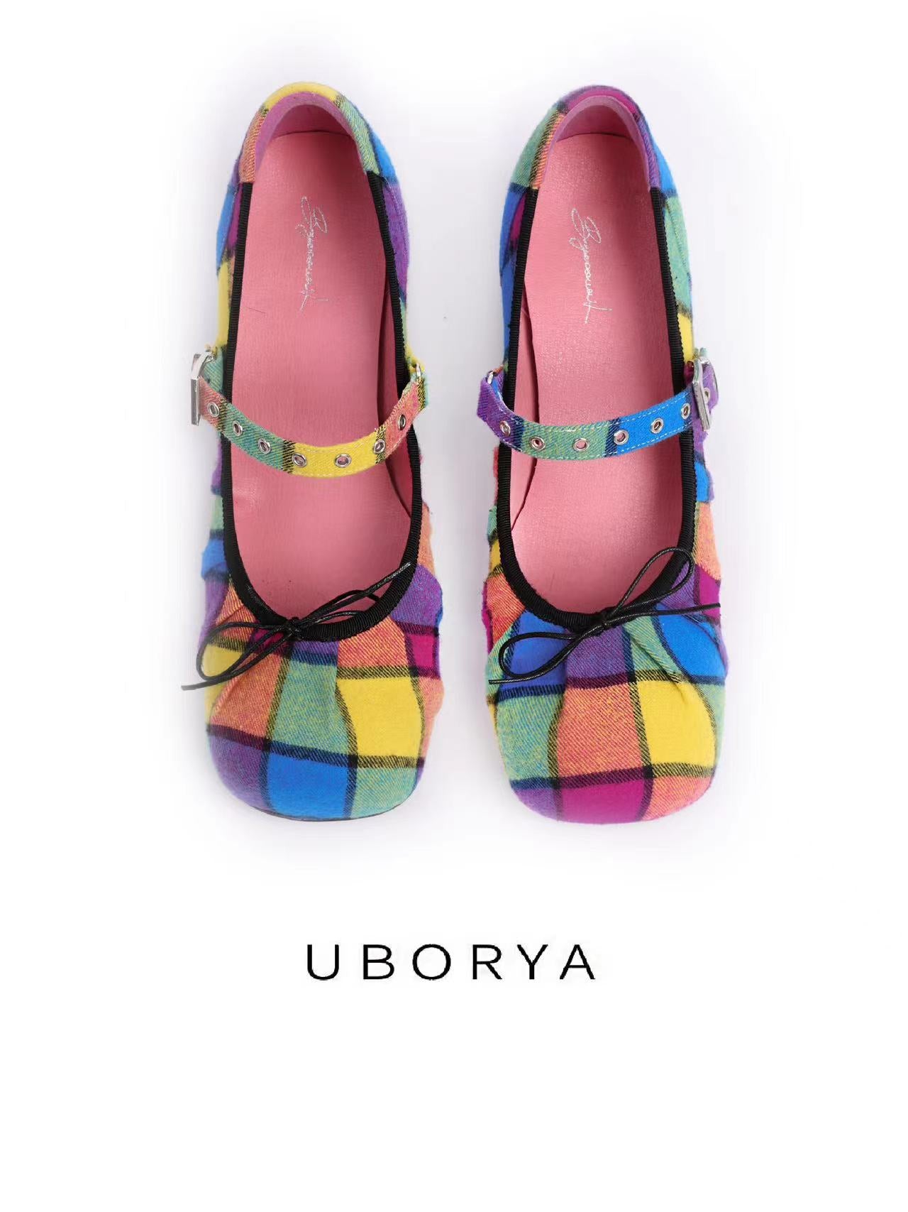 UBORYA Rainbow Plaid Mary Jane Pumps Colorful Tartan Wave Heel Y2K Platform Shoes