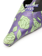 Purple Green Rose Print Leather T-Strap Slingbacks - Pointed Toe Kitten Heel Sandals