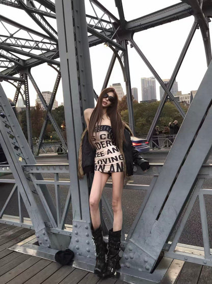 UBORYA Dark Brown Avant-Garde Knee-High Boots – Gothic Buckle & Stud Strap Combat Boots for Women | 7cm / 2.8in Geometric Heel | Metallic Bronze Leather | Edgy Statement Footwear