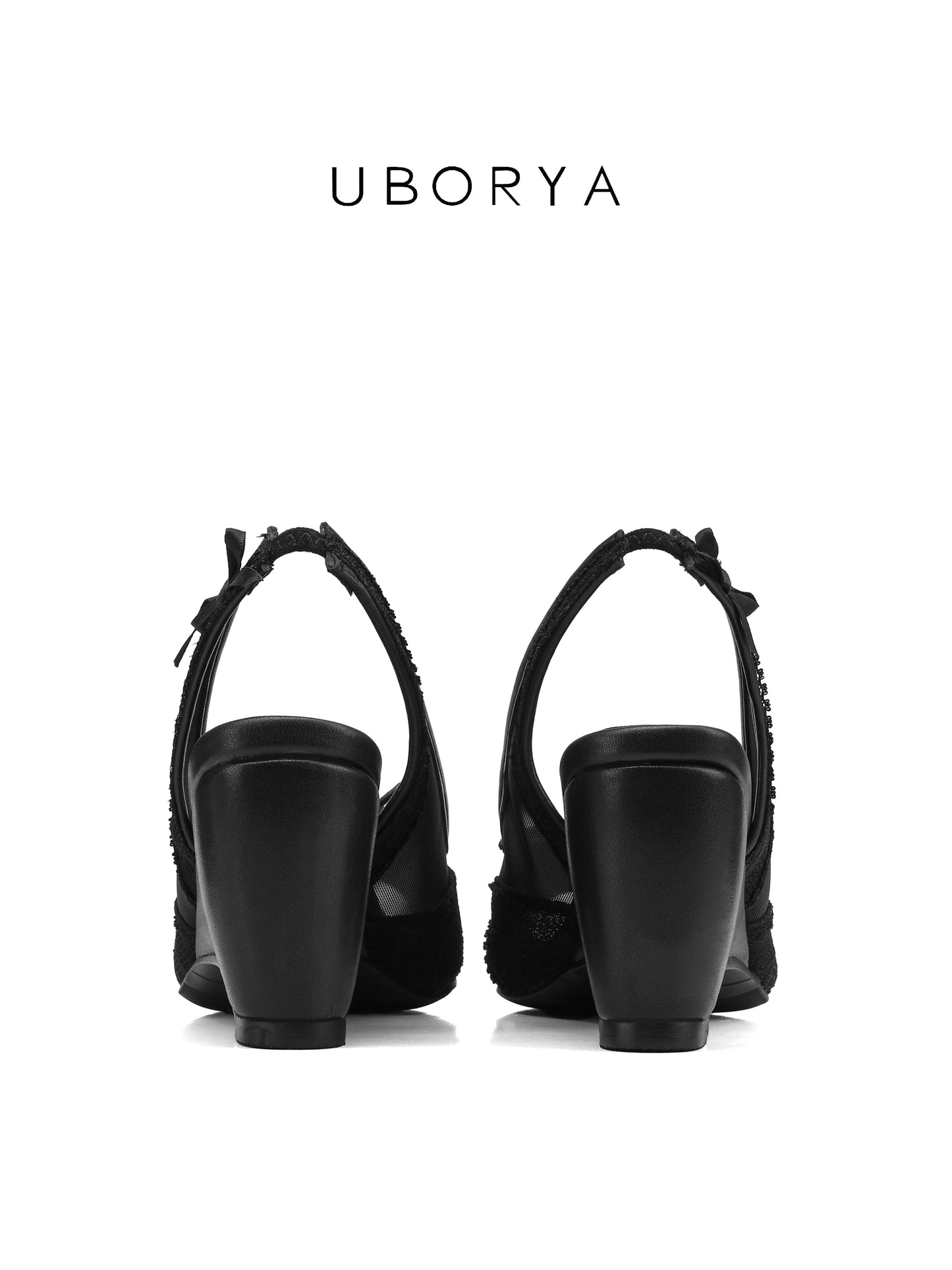 UBORYA Black Lace Slingback Peep-Toe Shoes with Bow Details – Low Wedge Heel Pumps for Women | Gothic Coquette Heels | Elegant Mesh Open-Toe Sandals