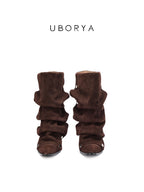 UBORYA Brown Suede Slouch Boots Metal Grommets 6cm Wedge Heel Y2K Boho Boots