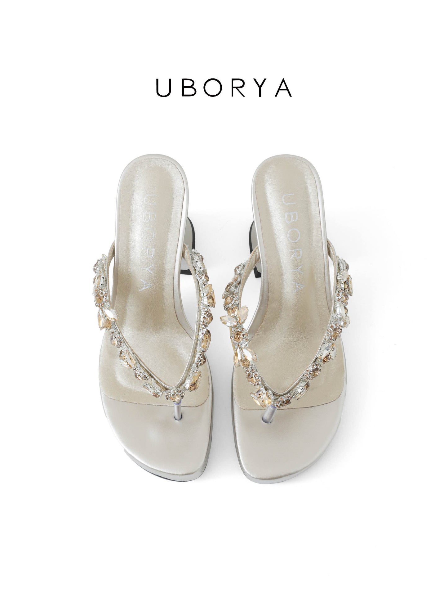 UBORYA Silver Champagne Rhinestone Thong Sandals – Glamorous Platform Heels for Women | 8cm / 3.15in Chunky Heel | Crystal Embellished Straps | Square Toe Slip-On Mules