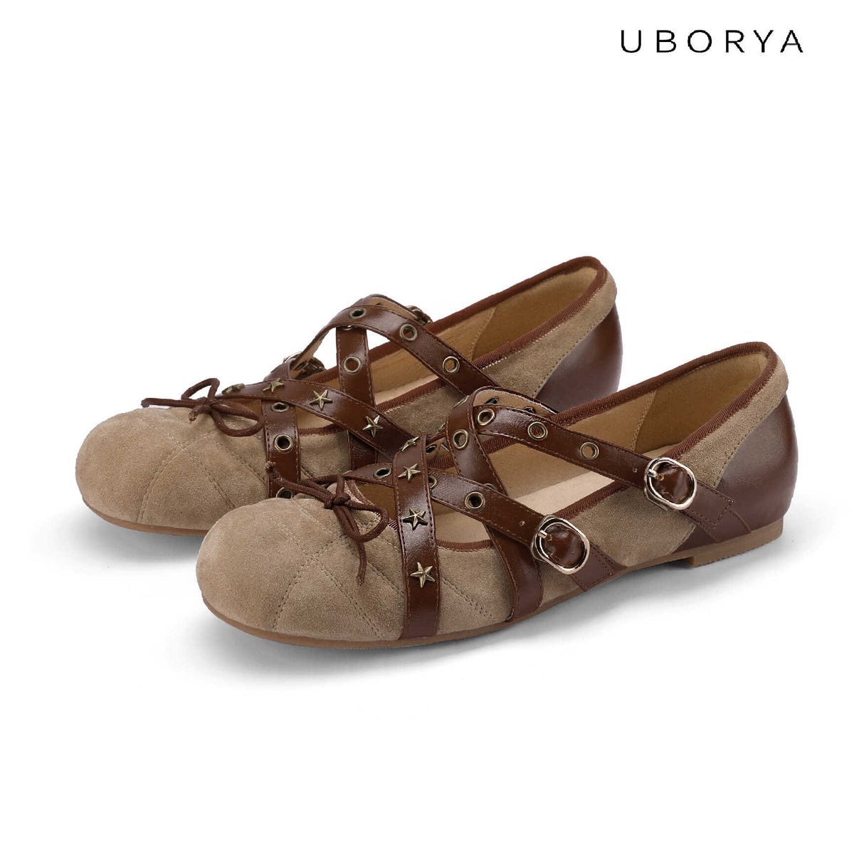 UBORYA Brown Mesh Artisan Woven Mary Jane Flats Double Buckle Tassel