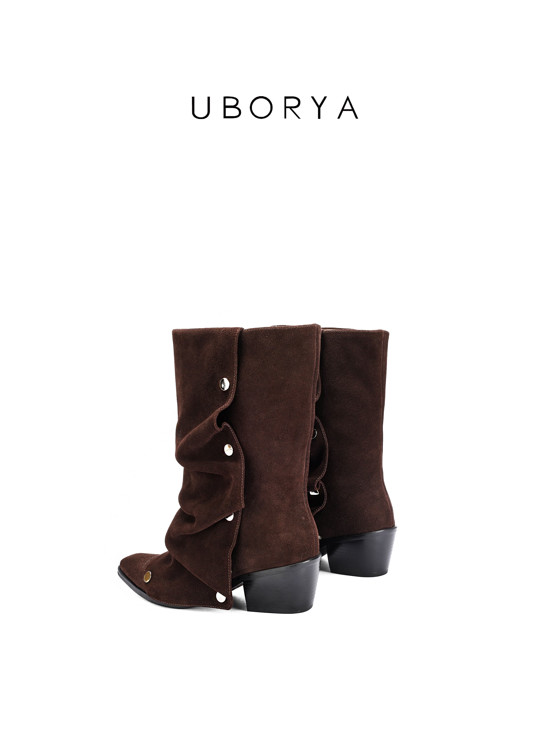 UBORYA Brown Suede Slouch Boots Metal Grommets 6cm Wedge Heel Y2K Boho Boots