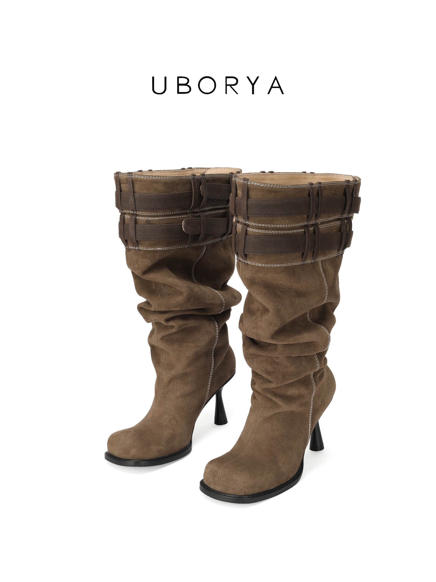 UBORYA Brown Suede Slouchy Knee-High Boots with Folded Buckle Cuff – Sculptural Kitten Heel Boots for Women | Contrast Stitch | Western Utility Harness Booties