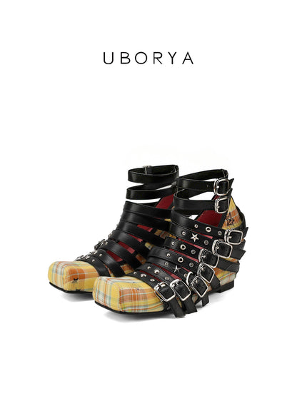 UBORYA Yellow Plaid Gladiator Shoes with Multi-Strap Black Harness – Silver Buckle Studded Punk Prep Footwear for Women | Star Accents | Square Toe