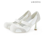 UBORYA Off‑White Mary Jane Stiletto Heels, Suede Mesh Panel Bow Detail