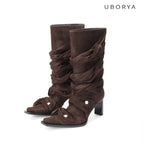 UBORYA Brown Suede Ruched Mid Calf Boots 7cm Block Heel Knot Detail