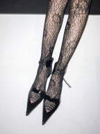 UBORYA Black Patent Leather Heart Cut Out Kitten Heels Pointed Toe Pumps