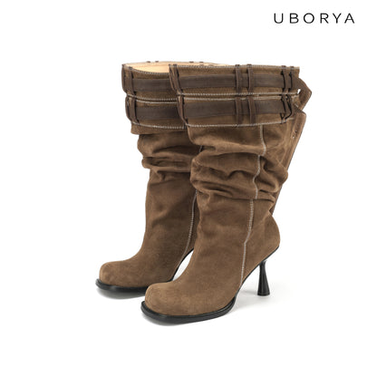UBORYA Brown Suede Slouchy Knee-High Boots with Folded Buckle Cuff – Sculptural Kitten Heel Boots for Women | Contrast Stitch | Western Utility Harness Booties