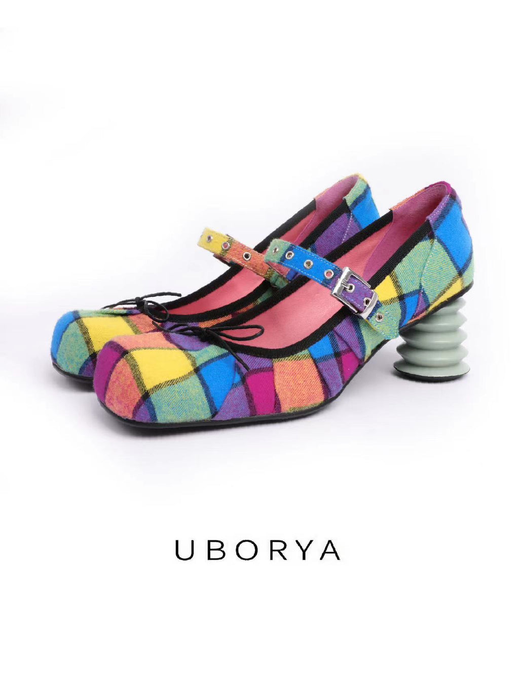UBORYA Rainbow Plaid Mary Jane Pumps Colorful Tartan Wave Heel Y2K Platform Shoes