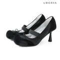 UBORYA Black Mary Jane Stiletto Heels, Round Toe Bow Mixed‑Material Pumps