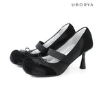 UBORYA Black Mary Jane Stiletto Heels, Round Toe Bow Mixed‑Material Pumps