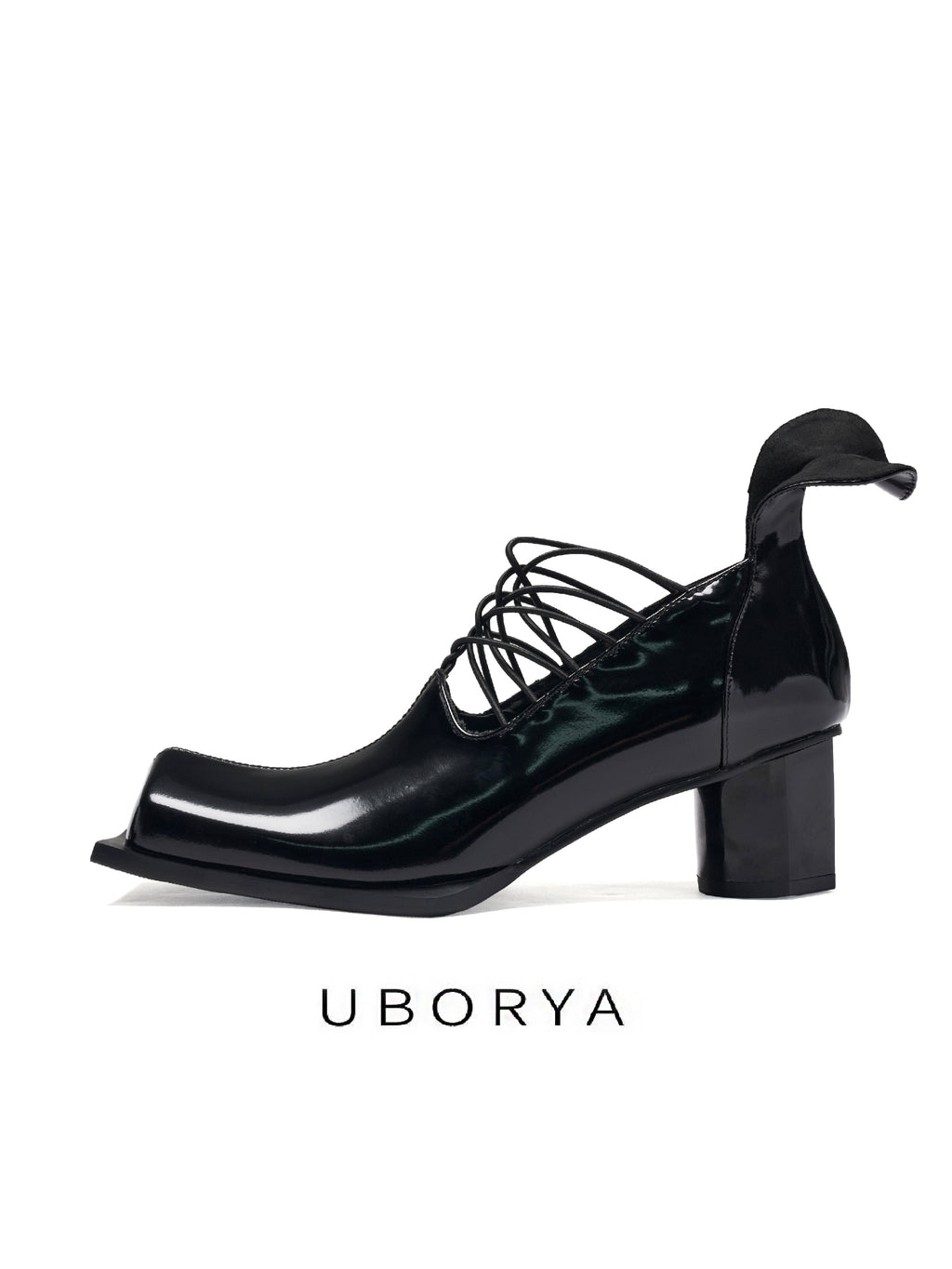 UBORYA Black Patent Leather Lace Up Pumps Angular Square Toe Block Heel Shoes