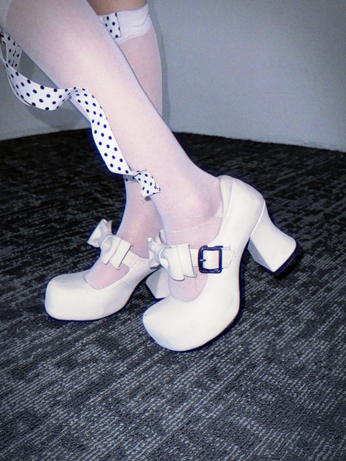 UBORYA White Bow Mary Jane Kawaii Platform 8cm Chunky Heels