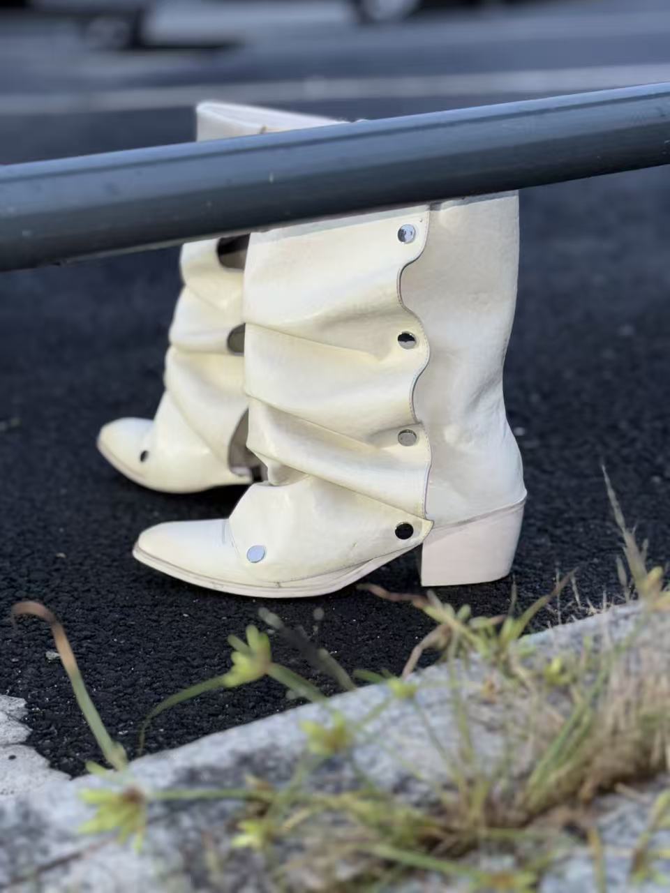 UBORYA Off White Sculptural Slouch Boots 6cm Block Heel Metal Eyelets Faux Leather
