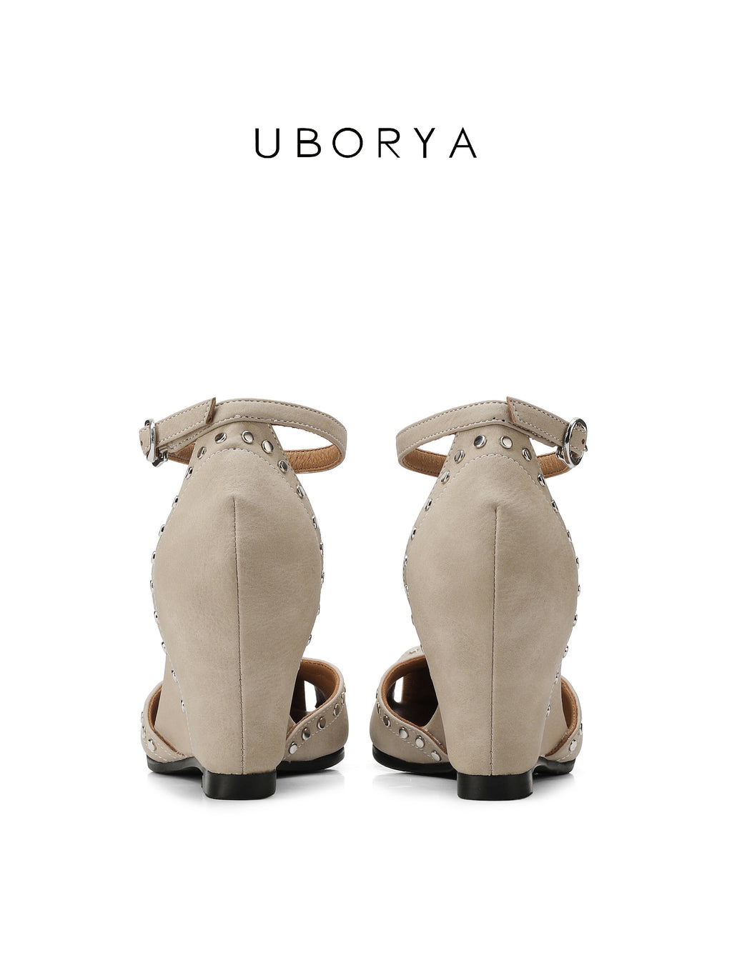 UBORYA Beige Studded Peep-Toe Wedge Sandals
