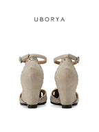 UBORYA Beige Studded Peep-Toe Wedge Sandals