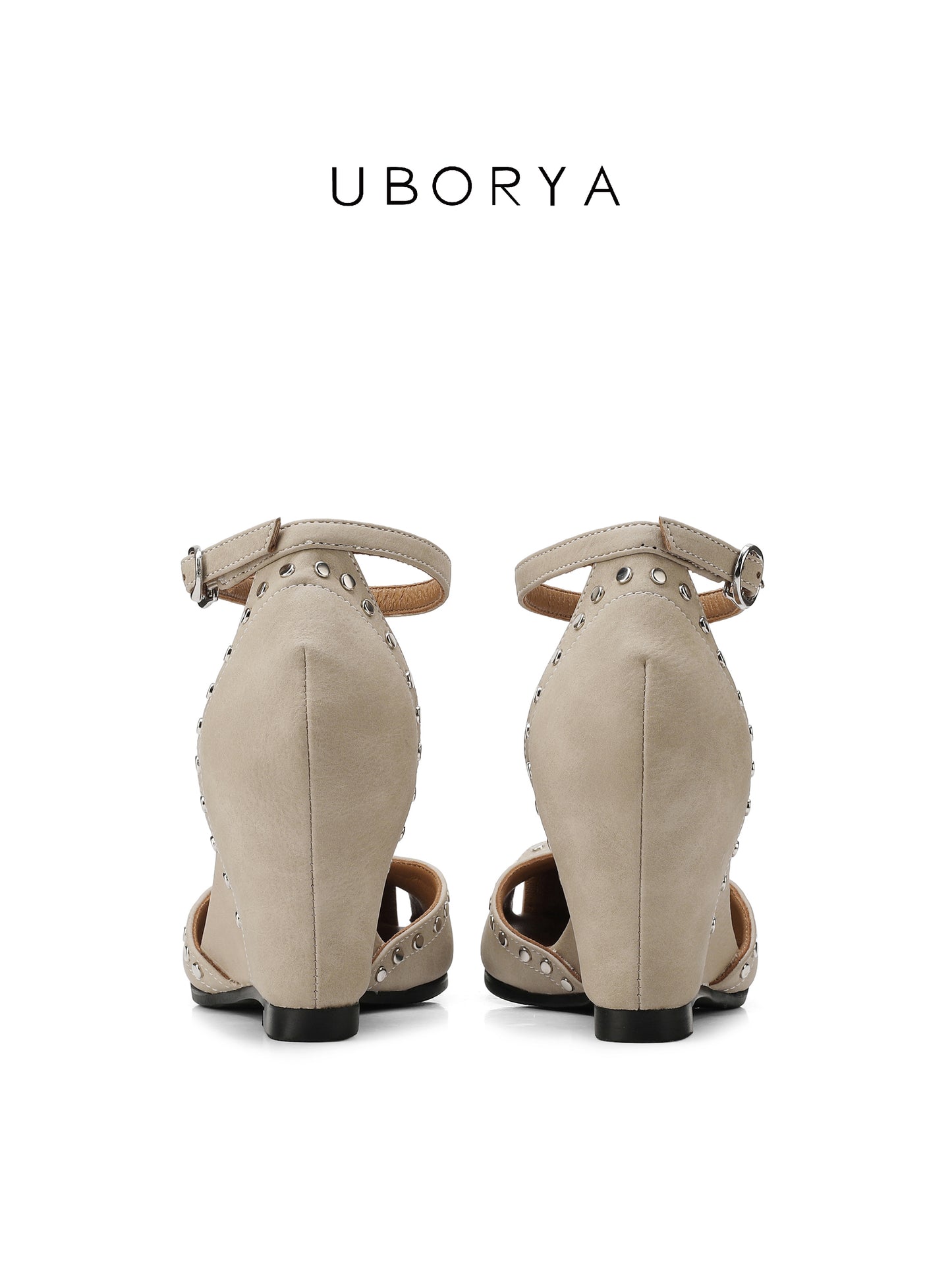 UBORYA Beige Studded Peep-Toe Wedge Sandals with Ankle Strap – Square Toe Heels for Women | Modern Edge Footwear | Cream Utility Chic Wedges