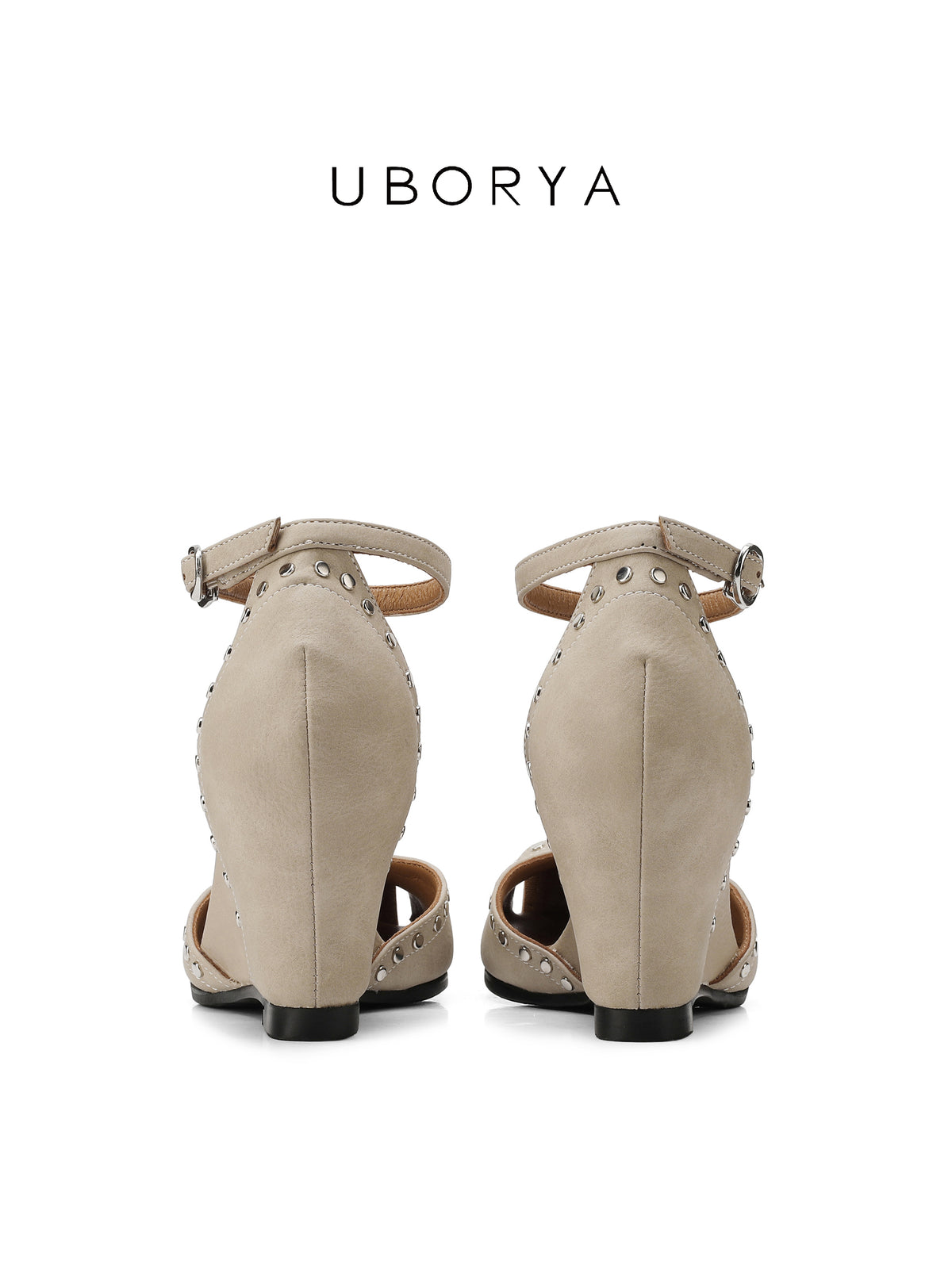 UBORYA Beige Studded Peep-Toe Wedge Sandals