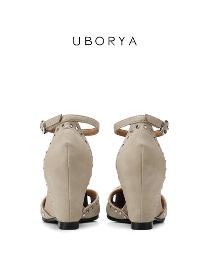 UBORYA Beige Studded Peep-Toe Wedge Sandals with Ankle Strap – Square Toe Heels for Women | Modern Edge Footwear | Cream Utility Chic Wedges