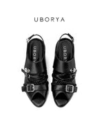 UBORYA Black Leather Braided Slingback Wedge Sandals