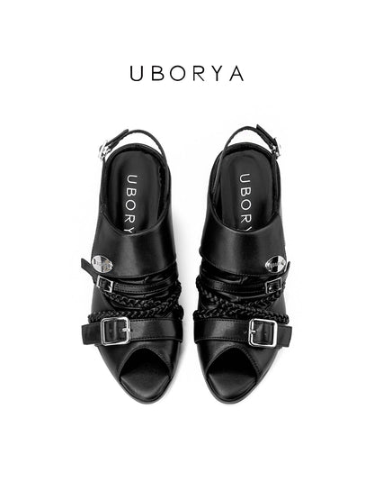 UBORYA Black Leather Slingback Peep-Toe Shoes with Braided Straps & Silver Buckles – Low Wedge Heel Pumps for Women | Edgy Utility Sandals | Punk Glam Footwear