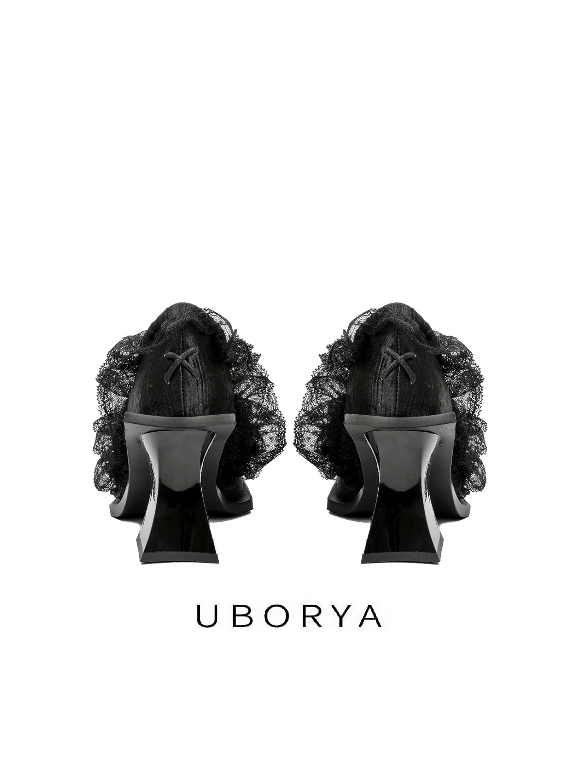 UBORYA Black Lace Gothic Romantic Sculptural Open‑Toe Heels 8cm
