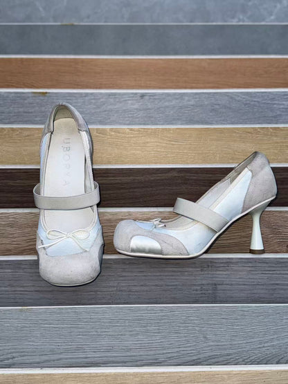 UBORYA Off-White Mary Jane Stiletto Heels - Suede Mesh Panel Round Toe Bow Detail Pumps