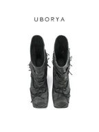 UBORYA Grey Denim Slouchy Bow Ankle Boots with Square Toe