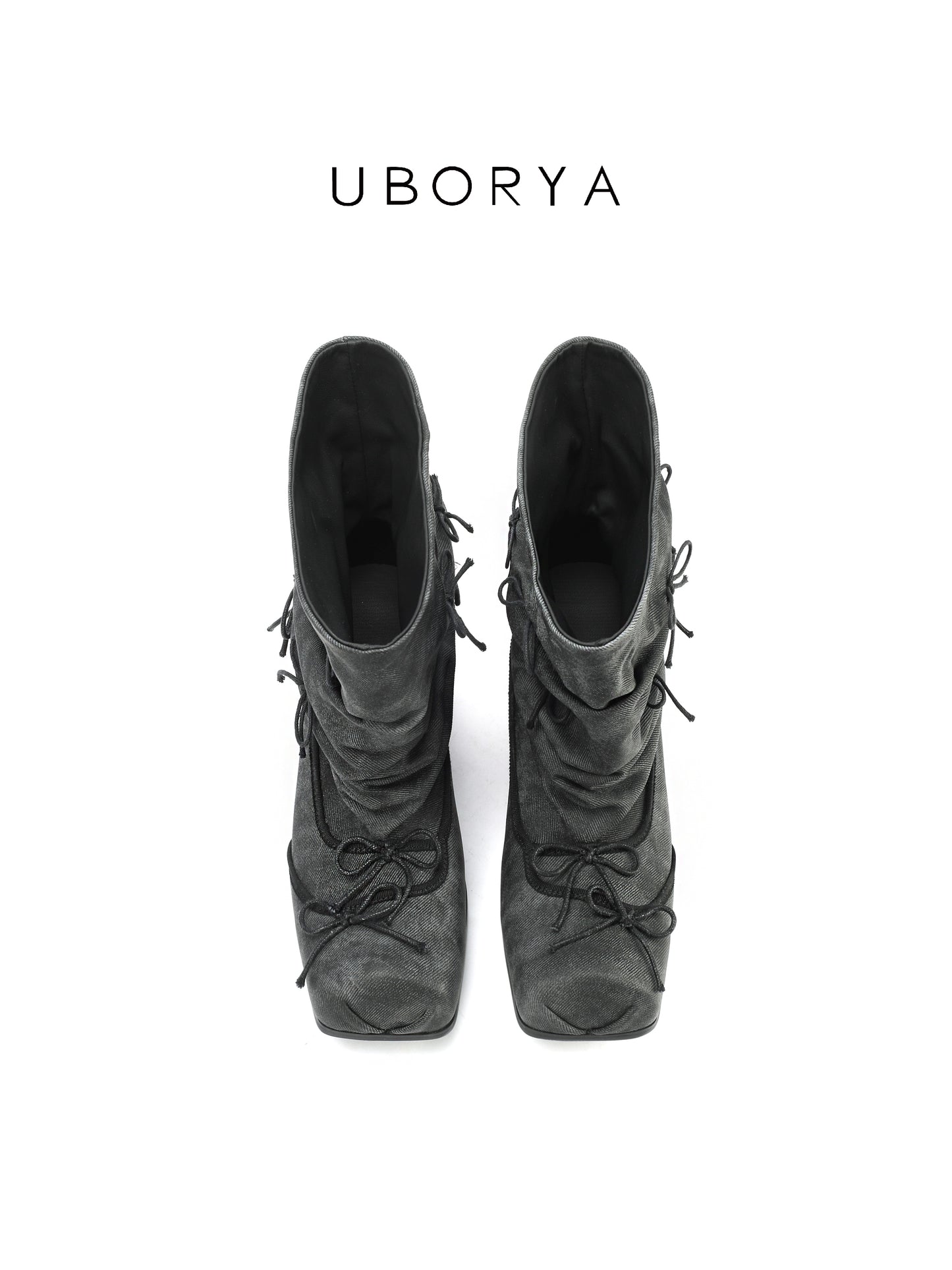 UBORYA Grey Denim Slouchy Ankle Boots with Bows – Square Toe Kitten Heel Booties for Women | Ruched Shaft | Mini Bow Accents | Grunge Y2K Denim Boots