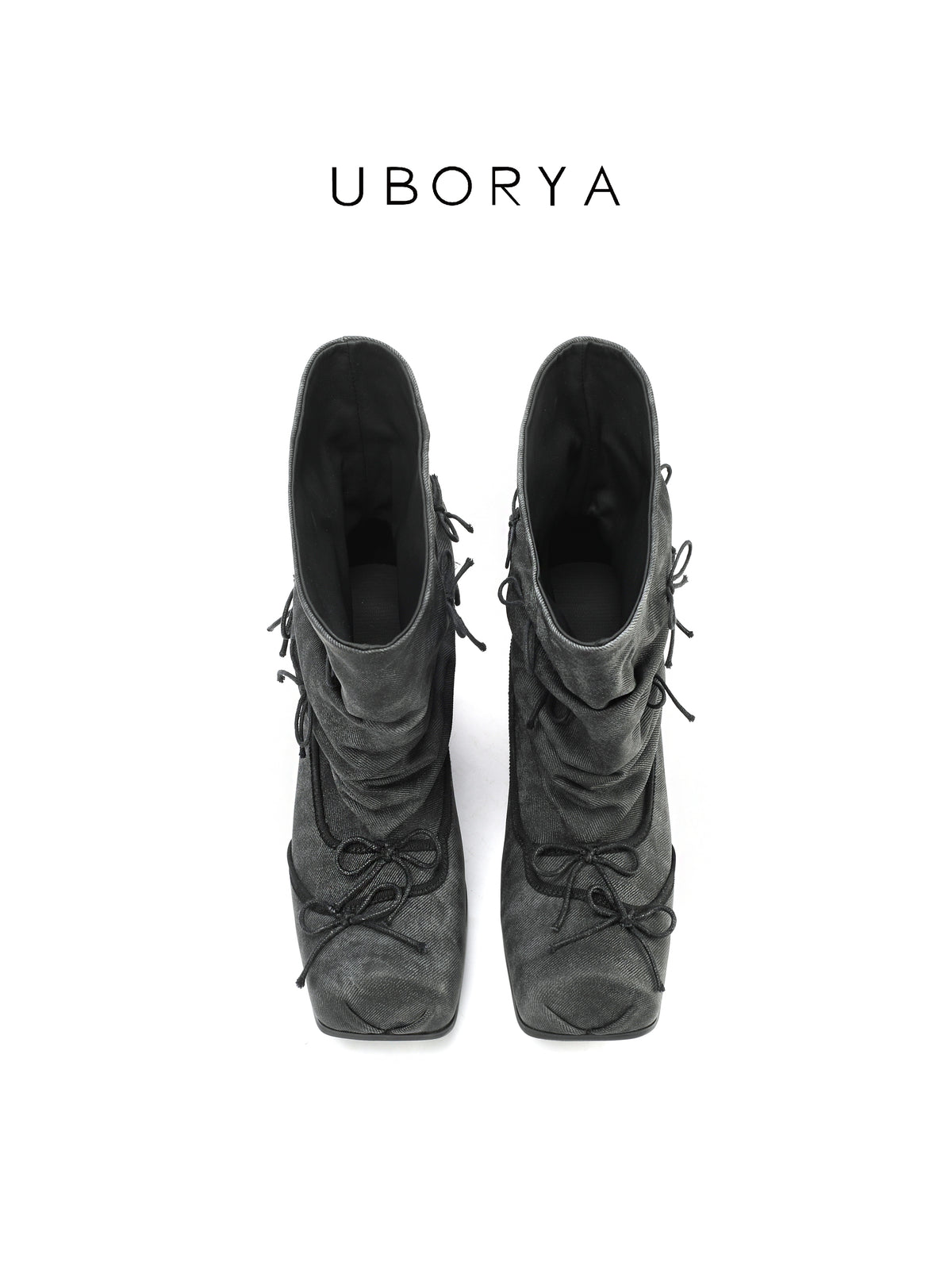 UBORYA Grey Denim Slouchy Bow Ankle Boots with Square Toe