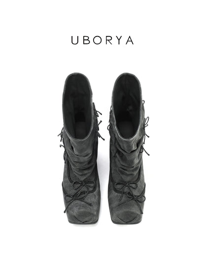 UBORYA Grey Denim Slouchy Ankle Boots with Bows – Square Toe Kitten Heel Booties for Women | Ruched Shaft | Mini Bow Accents | Grunge Y2K Denim Boots