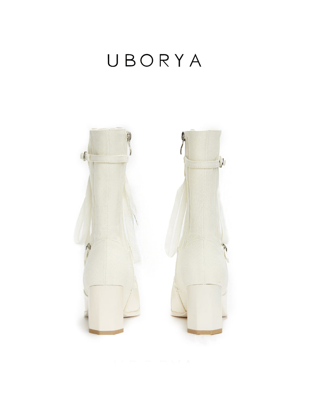 UBORYA Off White Lace Up Ankle Boots Square Toe Block Heel Retro Buckle Detail