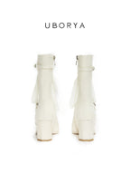 UBORYA Off White Lace Up Ankle Boots Square Toe Block Heel Retro Buckle Detail