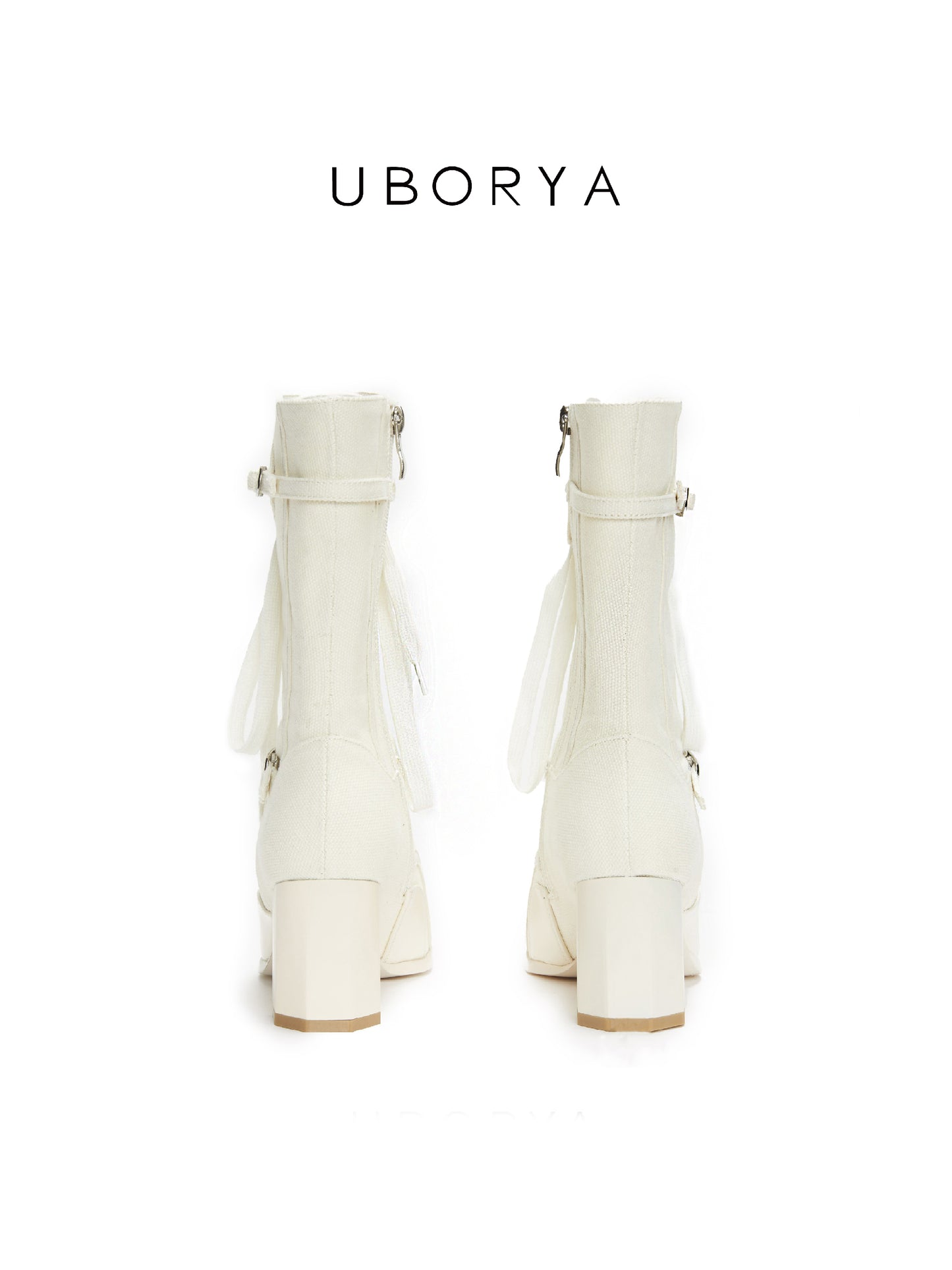UBORYA Off-White Lace-Up Ankle Boots - Square Toe Block Heel Retro Buckle Detail Booties