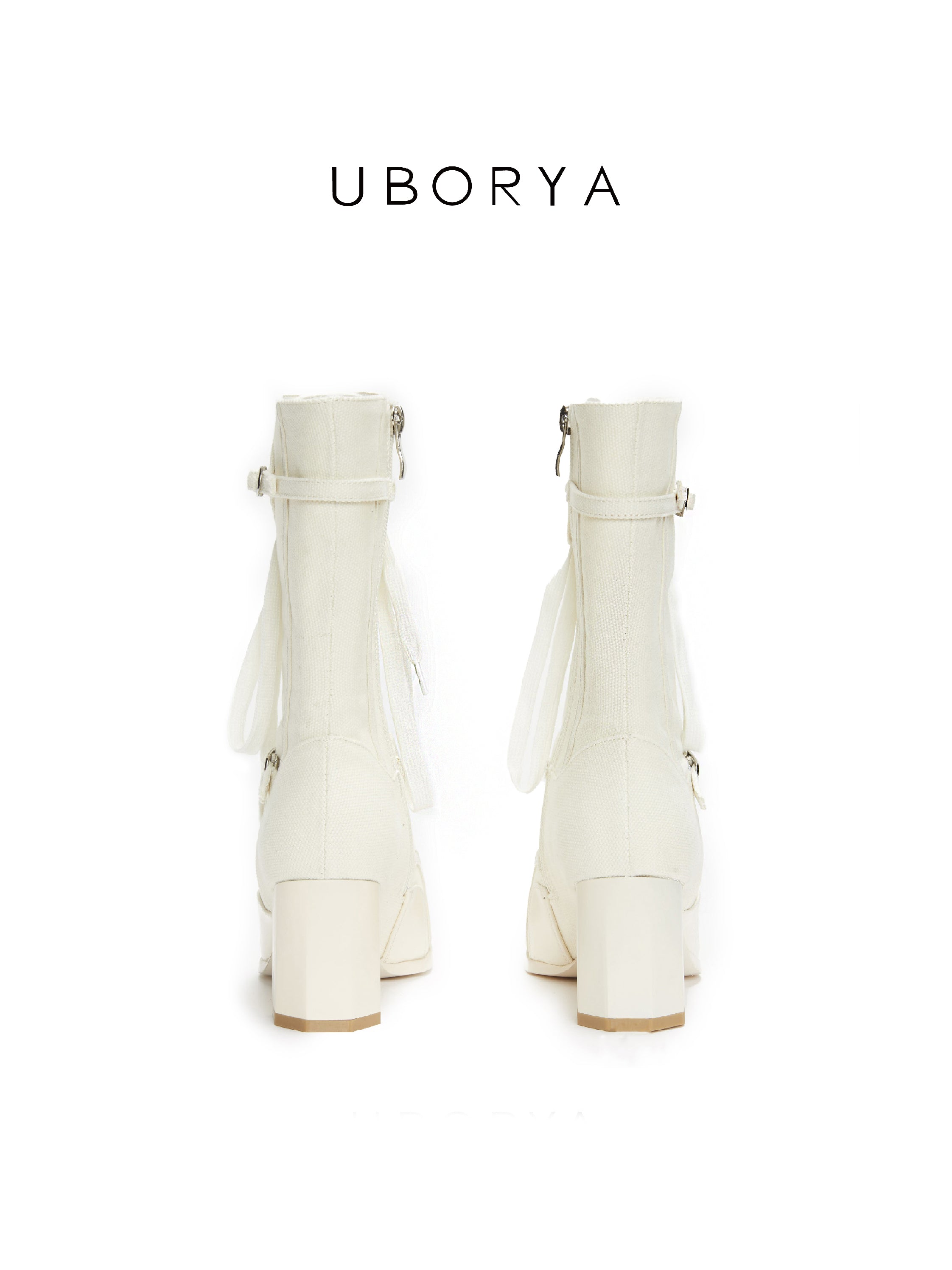 UBORYA Off White Lace Up Ankle Boots Square Toe Block Heel Retro Buckle Detail