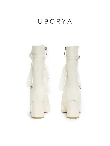 UBORYA Off-White Lace-Up Ankle Boots - Square Toe Block Heel Retro Buckle Detail Booties