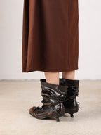 UBORYA Black Slouchy Bow Ankle Boots with Distressed Square Toe