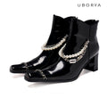 UBORYA Black Patent Leather Ankle Boots Pearl Chain Square Toe Block Heel