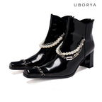 UBORYA Black Patent Leather Ankle Boots Pearl Chain Square Toe Block Heel